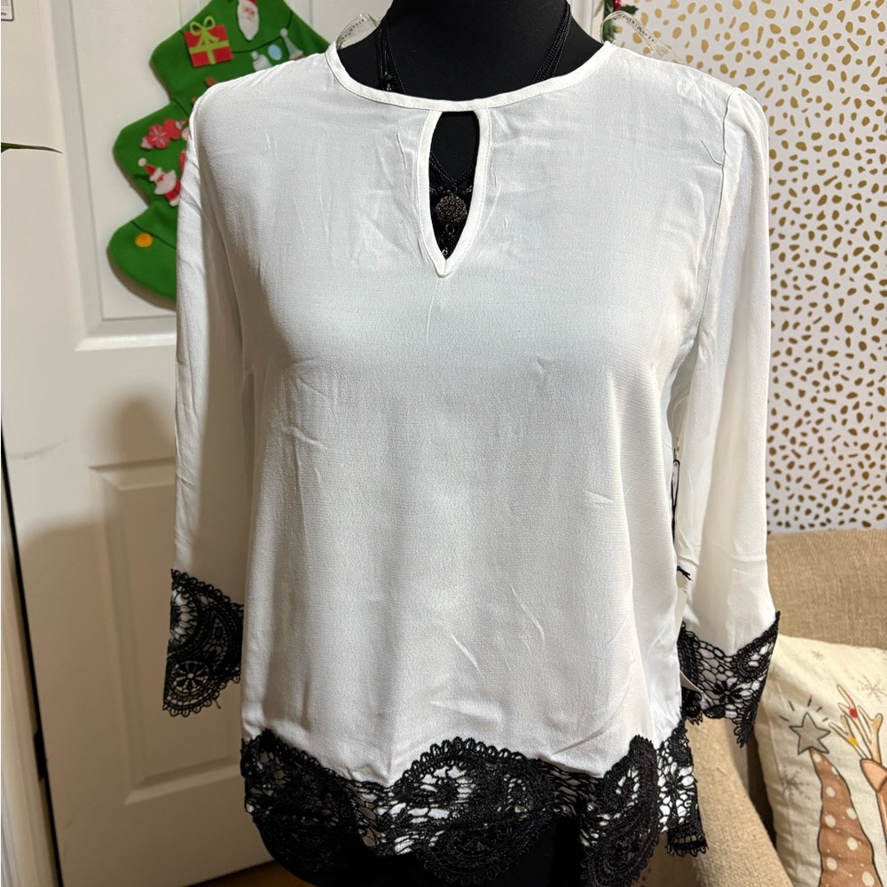 Haute Monde White Blouse with Black Lace Trim